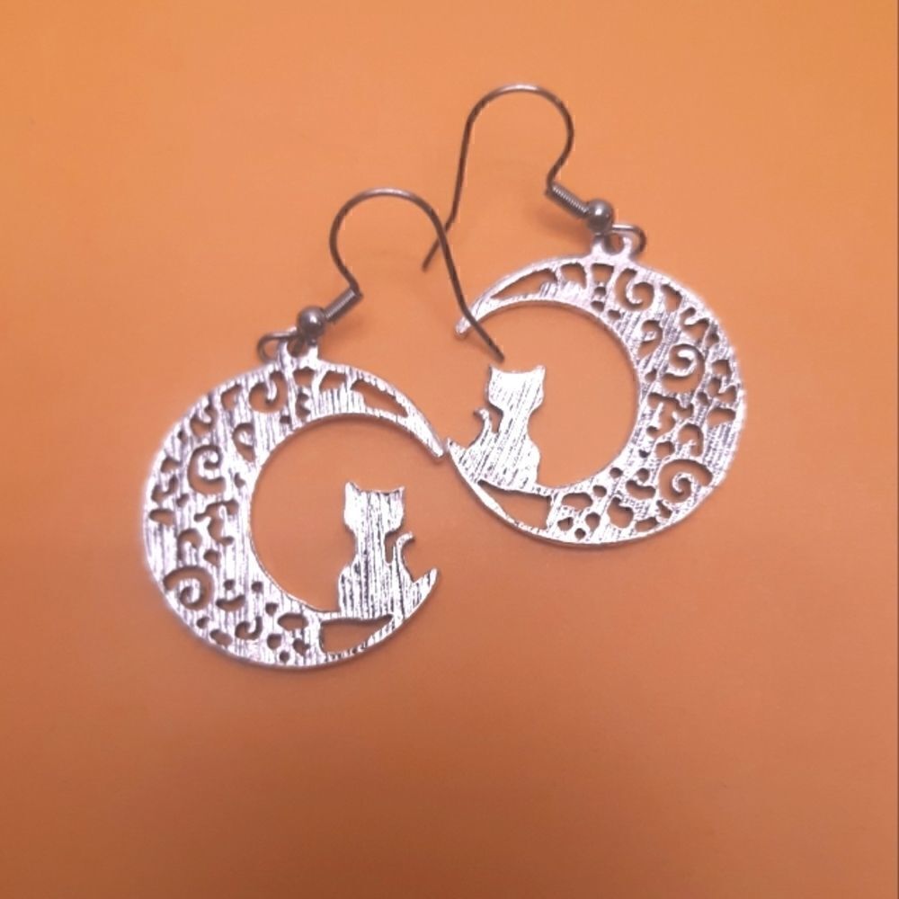 Silver Crescent Moon Kitty Cat Stainless Steel Hook Earrings